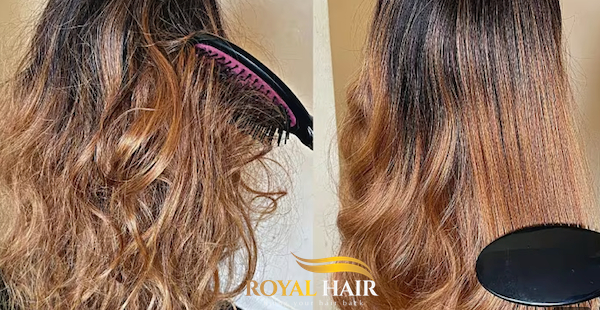 Before and after fixing a frizzy human hair wig